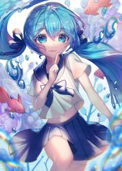 1girl aqua_hair blue_bow blue_bowtie blue_eyes blue_sailor_collar blue_skirt bottle_miku bow bowtie eyelashes fish flower goldfish hatsune_miku highres kozou_kazaru looking_at_viewer navel open_mouth pleated_skirt sailor_collar school_uniform serafuku skirt solo twintails vocaloid water_drop