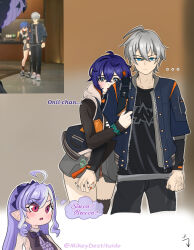 Rule 34 | 1boy, 2girls, :o, artist name, belle (zenless zone zero), black jacket, black pants, black shirt, black thighhighs, blue eyes, blue hair, blue jacket, brother and sister, commentary, crossed bangs, english text, frown, game screenshot, green eyes, grey hair, grey skirt, highres, holding hands, hood, hooded jacket, hug, jacket, looking at viewer, mikeydestituido, multiple girls, open mouth, pants, purple hair, red eyes, shirt, siblings, single thighhigh, skirt, speech bubble, thighhighs, twitter username, vivian banshee, wise (zenless zone zero), zenless zone zero