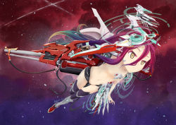 1girl :&lt; android gun_arm halo joints long_hair multicolored_hair no_game_no_life no_game_no_life_zero purple_hair robot_ears robot_joints robot_wings shuvi_(no_game_no_life) space very_long_hair yellow_eyes