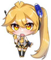 1girl akita_neru antenna_hair bare_shoulders big_head black_skirt black_sleeves black_thighhighs blonde_hair blush boots cellphone chibi chibi_only clothing_cutout collared_shirt detached_sleeves grey_shirt hair_between_eyes headphones hoshiko_(vtuber)_(artist) long_hair looking_at_viewer miniskirt navel_cutout necktie open_mouth over-kneehighs phone pleated_skirt shirt short_necktie side_ponytail simple_background skirt sleeveless sleeveless_shirt solo teeth thigh_boots thighhighs upper_teeth_only very_long_hair vocaloid white_background wing_collar yellow_eyes yellow_necktie