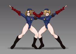 2girls blonde_pubic_hair boots bow bowtie brown_hair capcom gloves hat juli_(street_fighter) juni_(street_fighter) leotard multiple_girls potan salute street_fighter street_fighter_zero_(series)