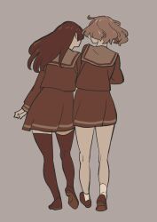 2girls 55bata6rou black_hair black_thighhighs brown_hair brown_serafuku brown_shirt brown_skirt facing_away from_behind full_body grey_background hibike!_euphonium highres kitauji_high_school_uniform kousaka_reina long_hair long_sleeves multiple_girls oumae_kumiko pleated_skirt sailor_collar school_uniform serafuku shirt shoe_soles short_hair skirt socks standing thighhighs walking white_socks