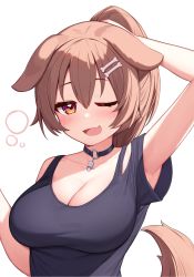 1girl ;d animal_ears arm_up black_choker black_shirt blush bone_hair_ornament breasts brown_eyes brown_hair bunching_hair choker cleavage deaver dog_ears dog_tail fang hair_between_eyes hair_ornament highres holding holding_own_hair hololive inugami_korone inugami_korone_(loungewear) large_breasts long_hair looking_at_viewer one_eye_closed open_mouth ponytail shirt short_sleeves simple_background skin_fang smile solo tail upper_body virtual_youtuber white_background