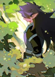 Rule 34 | 1boy, arm guards, black shirt, closed mouth, cowboy shot, fengxi (the legend of luoxiaohei), forest, hair over eyes, highres, long hair, luo xiaohei zhanji, male focus, mouyi, nature, pointy ears, purple hair, purple tunic, shirt, sign, solo, spiked hair, tunic, upper body