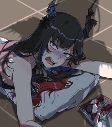 Rule 34 | 2girls, apu spills his tendies (meme), asymmetrical horns, black hair, blue hair, blush, body pillow, breasts, colored inner hair, cyanillust, dakimakura (object), demon horns, elizabeth rose bloodflame, hair ornament, highres, hololive, hololive english, horns, long hair, magazine (object), meme, multicolored hair, multiple girls, nerissa ravencroft, pillow, red eyes, red hair, shadow, solo focus, two-tone hair, uneven horns, virtual youtuber
