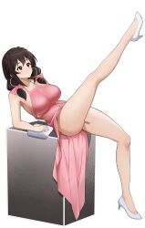 Rule 34 | absurdres, bag, barcode, barcode tattoo, bare arms, blush, breasts, brown hair, closed mouth, commentary request, dress, earrings, feet, hair between eyes, hair ribbon, handbag, high heels, highres, hoop earrings, jampen, jewelry, kono subarashii sekai ni shukufuku wo!, large breasts, leg up, legs, pink dress, red eyes, ribbon, simple background, tattoo, thighs, tight clothes, white background, yunyun (konosuba)