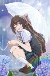 1girl absurdres blue_eyes blue_flower blue_shirt blue_skirt blue_vest blush brown_hair brown_shoes commentary_request flower hair_ribbon highres holding holding_umbrella long_hair looking_at_viewer love_live! love_live!_nijigasaki_high_school_idol_club neck_ribbon nijigasaki_school_uniform one_eye_closed open_mouth osaka_shizuku outdoors ponytail rain rainbow red_ribbon ribbon school_uniform shirt shoes skirt smile socks solo squatting umbrella vest white_socks yellow_ribbon zaofeng