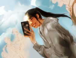 1boy 1girl 2others black_eyes black_hair dokkaebi grin high_ponytail holding holding_phone hood hood_down hoodie lee_jihye lens_flare long_sidelocks macaronijail multiple_others oldest_dream omniscient_reader&#039;s_viewpoint out_of_frame phone ponytail sidelocks smile white_hoodie