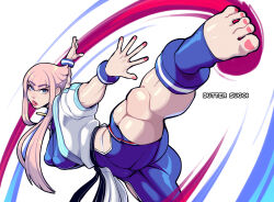 1girl artist_name blue_eyes blue_leotard bracelet breasts butter_sugoi commentary foreshortening highres impossible_clothes impossible_leotard jacket jewelry large_breasts leotard manon_legrand nail_polish open-toe_shoes outstretched_arms panties parted_lips pink_hair pink_lips pink_nails short_hair_with_long_locks solo standing standing_on_one_leg street_fighter street_fighter_6 string_panties toenail_polish toenails toned toned_male underwear white_jacket