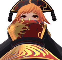 Rule 34 | 1girl, belt, black belt, black dress, breasts, chinese clothes, crescent, crescent print, dalachi (headdress), dress, from below, highres, junko (touhou), large breasts, looking down, moon (ornament), orange hair, phoenix print, pom pom (clothes), red eyes, red tabard, solo, tabard, touhou, wavy hair, white background, wide sleeves, wrench (superwrenching)
