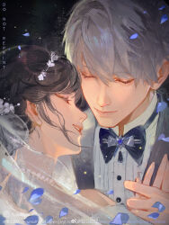 1boy 1girl 22nian22 absurdres black_bow black_bowtie black_jacket bow bowtie bridal_veil brown_hair closed_eyes closed_mouth dress_shirt eyes_visible_through_hair grey_hair hair_over_eyes highres jacket jewelry love_and_deepspace necklace parted_lips pearl_necklace portrait profile shirt short_hair smile suit_jacket teeth veil white_shirt xavier_(love_and_deepspace)