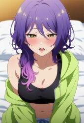 Rule 34 | 1girl, bed, coat, gina (gnosia), gnosia, hair between eyes, heterochromia, long hair, long sleeves, looking at viewer, medium hair, momina sonotameni, pillow, purple hair, solo, sports bra, upper body, wavy hair