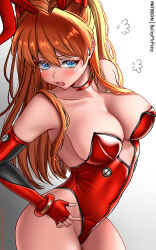 1girl adapted_costume animal_ears areola_slip baileymcpatty bare_shoulders blue_eyes blush breasts choker collarbone covered_navel elbow_gloves fingerless_gloves gloves gradient_background grey_background highleg highleg_leotard highres large_breasts leotard long_hair looking_at_viewer neon_genesis_evangelion open_mouth orange_hair patreon_username playboy_bunny puff_of_air rabbit_ears red_choker red_gloves red_leotard shiny_skin solo souryuu_asuka_langley very_long_hair wide_hips