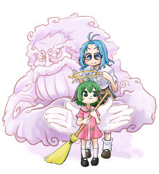 1boy 2girls angel animal_ears bamboo_broom blue_eyes blue_hair broom chamaji dog_ears dress fake_halo green_hair halo highres hoop jewelry kasodani_kyouko kumoi_ichirin mary_janes multiple_girls pink_dress ring shoes touhou unzan