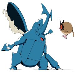 ^_^ claws closed_eyes commentary gen_2_pokemon happy heracross hoothoot motion_blur nintendo no_humans open_mouth pokemon pokemon_(creature) pokemon_focus psaber97 tongue white_background