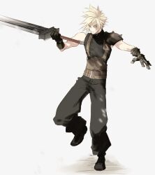 1boy armor baggy_pants black_gloves black_pants black_sweater blonde_hair blue_eyes buster_sword cloud_strife commentary_request final_fantasy final_fantasy_vii final_fantasy_vii_remake full_body gloves holding holding_sword holding_weapon male_focus pants ruka_ika short_hair shoulder_armor single_bare_shoulder sleeveless sleeveless_turtleneck solo standing standing_on_one_leg suspenders sweater sword turtleneck turtleneck_sweater weapon