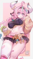 1girl ahoge aqua_hair braid breasts character_name commentary cow_girl cow_horns genshin_impact highres horns large_breasts looking_at_viewer midriff multicolored_hair navel pink_background pink_hair polka_dot polka_dot_background single_thighhigh solo thighhighs twin_braids two-tone_hair varesa_(genshin_impact) voruvoru white_thighhighs