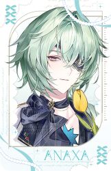 1boy anaxa_(honkai:_star_rail) character_name closed_mouth commentary eyepatch flower green_hair hashtag-only_commentary honkai:_star_rail honkai_(series) looking_at_viewer maikang0987 male_focus portrait red_eyes short_hair solo tulip white_background yellow_flower yellow_tulip