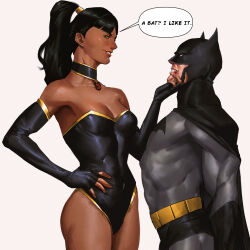 1boy 1girl armpits batman belt black_choker black_leotard blood blood_on_face breasts bruce_wayne choker colored_skin cowl dark-skinned_female dark_skin dc_comics eyelashes filipe_sca fingerless_gloves gloves highres leotard looking_at_another medium_breasts muscular muscular_female muscular_male ponytail simple_background smile superwoman tall_female thighs utility_belt white_background white_skin