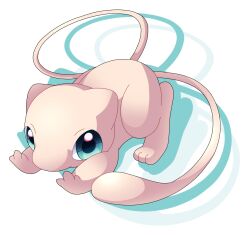 blue_eyes blush closed_mouth drop_shadow full_body gen_1_pokemon highres legendary_pokemon looking_at_viewer mew_(pokemon) mythical_pokemon nintendo no_humans pokemon pokemon_(creature) simple_background solo stretching white_background yon_(4km_105)
