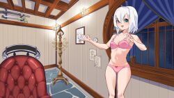1girl ars_almal belly blue_eyes bra breasts ceiling chair commission curtains highres indoors knee_up knees_up looking_at_viewer navel night nijisanji open_mouth panties pink_bra pink_panties room short_hair skirt smile solo standing stone_floor thighs underwear underwear_only virtual_youtuber white_hair window