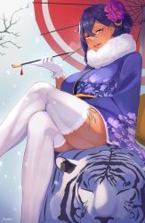 1girl absurdres animal bare_tree black_ribbon blue_eyes breath buttslayer chinese_zodiac crescent crescent_hair_ornament crossed_legs dark-skinned_female dark_skin closed_eyes eyeshadow flower fur_trim gloves hair_between_eyes hair_flower hair_ornament highres japanese_clothes kimono long_sleeves makeup medium_hair multicolored_eyes open_mouth orange_eyes original outdoors purple_eyes purple_flower purple_hair purple_kimono red_eyeshadow red_umbrella ribbon sitting sitting_on_animal smoking smoking_pipe snow snowing tassel teeth thighhighs thighs tiger tongue tree umbrella upper_teeth_only white_gloves white_thighhighs white_tiger wide_sleeves winter year_of_the_tiger yellow_eyes