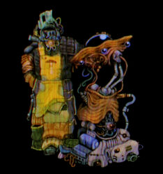 Rule 34 | apron, black background, cable, eyeball, helmet, highres, machinery, monster, original, plastiboo, ribs, standing, veins