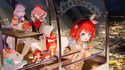 3girls :o alternate_costume aqua_eyes aqua_hair beret black_dress black_hairband blue_eyes brown_dress castorice_(honkai:_star_rail) character_doll cityscape commentary_request cross-shaped_pupils doll dress food guest_art hairband hat honkai:_star_rail honkai_(series) hyacine_(honkai:_star_rail) little_ica_(honkai:_star_rail) long_hair multicolored_hair multiple_girls night night_sky pantyhose parfait pink_hair pointy_ears purple_eyes purple_hair red_hair roena sitting sky strawberry_parfait symbol-shaped_pupils trianne_(honkai:_star_rail) tribbie_(honkai:_star_rail) trinnon_(honkai:_star_rail) twintails two-tone_hair white_dress white_pantyhose