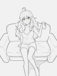 1girl ahoge arm_support artificial_vagina bare_arms bare_legs barefoot blush collarbone commentary couch english_commentary green_eyes highres holding hoshii_miki idolmaster idolmaster_(classic) long_hair monochrome on_couch sex_toy shorts sitting sleepy_frippy solo spot_color strap_slip sweat tank_top
