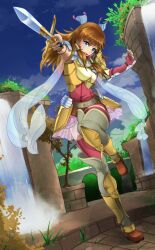1girl alternate_costume armor blue_eyes brown_hair commentary commission english_commentary fire_emblem fire_emblem:_radiant_dawn hair_tubes highres holding holding_sword holding_weapon long_hair mist_(fire_emblem) nintendo outdoors reikenan solo sword twitter_username weapon