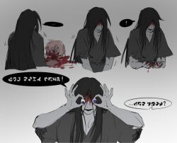 2boys black_hair black_kimono blood blood_on_face blood_on_hands chinese_commentary commentary_request eyeball gradient_background grey_background hands_up homicipher homicipher_text japanese_clothes kimono long_hair male_focus mr._crawling mr._stitch multiple_boys murder neko_(yuayew6upxukfre) simple_background