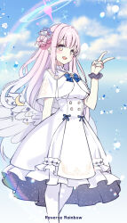 1girl :d absurdres black_scrunchie blue_archive blue_bow blue_flower blue_sky bow breasts brown_eyes capelet cloud commentary_request crescent day dress feathered_wings feet_out_of_frame flower frilled_dress frills hair_bun hair_flower hair_ornament halo hand_up highres jin_young-in long_hair looking_at_viewer low_wings medium_breasts mika_(blue_archive) open_mouth outdoors pantyhose pink_hair scrunchie single_side_bun sky smile solo standing v very_long_hair white_capelet white_dress white_pantyhose white_wings wings wrist_scrunchie