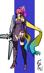 1girl asymmetrical_legwear black_thighhighs final_fantasy final_fantasy_v full_body highres kunai lenna_charlotte_tycoon long_hair ninja ninja_(final_fantasy) pink_hair ponytail sakuraidai shuriken shuriken_hair_ornament solo thigh_strap thighhighs weapon