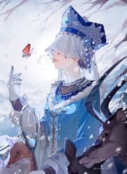 1girl antelope artue bare_tree blue_dress blue_gemstone branch breath bug butterfly butterfly_net covered_eyes crown dress fox frilled_shirt_collar frills fur-trimmed_dress fur_trim gem gloves hair_bun hand_net highres holding holding_butterfly_net identity_v insect jewelry long_sleeves melly_plinius melly_plinius_(sophia) necklace orange_butterfly orange_lips parted_lips pearl_necklace profile purple_hair single_hair_bun snowing solo tree upper_body veil veil_over_eyes white_gloves white_veil