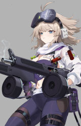 1girl aa-12 aa-12_(girls&#039;_frontline) absurdres black_gloves black_pants blue_eyes breasts cleavage commentary_request dual_wielding eyewear_on_head girls&#039;_frontline girls&#039;_frontline_2:_exilium gloves grey_hair gun haohaomaster head-mounted_display highres holding holding_gun holding_weapon jacket lind_(girls&#039;_frontline_2) medium_breasts medium_hair navel open_clothes open_jacket pants purple_gloves shell_casing shotgun simple_background smoke smoke_trail solo two-tone_gloves weapon white_jacket