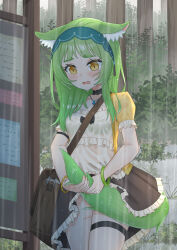 1girl absurdres animal_ears bag black_choker blush bracelet breasts cat_ears cat_girl choker commission cowboy_shot ears_down forest frilled_skirt frills green_hair hairband highres jewelry mao_lian_(nekokao) medium_breasts medium_skirt messenger_bag nature original outdoors pixiv_commission plant rain short_sleeves shoulder_bag skirt solo thick_eyebrows thigh_strap wet wet_clothes wringing_tail yellow_eyes