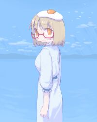 1girl bird blonde_hair blue_sky blush cloud dress food food_on_head fried_egg glasses hashtag-only_commentary highres kurohanenone looking_at_viewer medium_hair mountainous_horizon object_on_head orange_eyes outdoors red-framed_eyewear semi-rimless_eyewear shimeji_simulation sky smile white_dress yamashita_majime