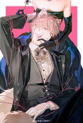 Rule 34 | 1boy, 1girl, absurdres, ambiguous red liquid, animal ears, aqua eyes, banfan dashi xiaren, black dress, black gloves, black jacket, black suit, black vest, bow, bowtie, cat boy, cat ears, cat tail, closed mouth, collared shirt, dress, dress shirt, eyes visible through hair, formal clothes, gloves, hair over eyes, head out of frame, highres, jacket, looking at viewer, love and deepspace, male focus, pink hair, protagonist (love and deepspace), shirt, sleeveless, sleeveless dress, suit, suit jacket, tail, vest, white bow, white bowtie, white gloves, white shirt, xavier (love and deepspace)