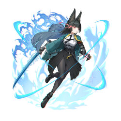 Rule 34 | 1girl, animal ear fluff, animal ears, aura, belt, black belt, black boots, black necktie, black pantyhose, black skirt, blunt bangs, boots, breasts, chromatic aberration, coat, commentary request, full body, glowing, glowing sword, glowing weapon, green coat, high heel boots, high heels, holding, holding sword, holding weapon, hoshimi miyabi, kinokare, long skirt, medium breasts, necktie, open mouth, pantyhose, pleated skirt, red eyes, skirt, solo, sword, weapon, white background, zenless zone zero