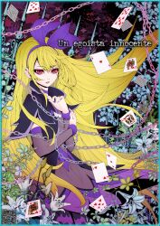 Rule 34 | 1girl, black jacket, blonde hair, bow, card, chain, choker, cropped jacket, dokidoki! precure, dress, flat chest, floral background, flower, gate, grey dress, hair bow, hands on own chest, huge bow, jacket, kamikita futago, long hair, looking afar, multicolored dress, open mouth, playing card, precure, purple bow, purple choker, purple dress, red eyes, regina (dokidoki! precure)