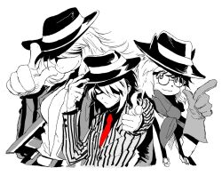 1boy 1girl 1other bandage_player breasts closed_mouth commentary_request cowboy_hat deltarune finger_gun furry furry_female glasses gloves greyscale hair_between_eyes hair_over_eyes hand_on_headwear hat highres index_finger_raised jacket korean_commentary kris_(deltarune) long_hair looking_at_viewer monochrome necktie open_clothes open_jacket ralsei red_necktie round_eyewear shaded_face shirt simple_background spot_color striped_clothes striped_jacket susie_(deltarune) suspenders