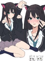 1girl animal_ears arm_up black_cardigan black_hair black_socks bloom_into_me15 blush cardigan cat_ears earrings futaba_anzu green_eyes green_necktie grey_skirt hands_up highres idolmaster idolmaster_cinderella_girls jewelry long_hair long_sleeves looking_at_viewer maekawa_miku multiple_views necklace necktie no_shoes paw_pose shibuya_rin simple_background sitting skirt socks striped_necktie white_background