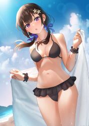 1girl :o absurdres beach bikini bikini_skirt black_bikini black_hair blue_sky breasts cloud commentary_request day deca_purio dutch_angle flower frilled_bikini frills front-tie_top hair_flower hair_ornament highres low_twintails lowleg lowleg_bikini medium_breasts navel ocean official_art original outdoors purple_eyes scrunchie sky solo swimsuit towel twintails wrist_scrunchie