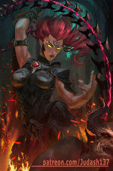 1girl armor armpits barbs_of_scorn boots breastplate darksiders darksiders_iii energy energy_whip female_focus fury_(darksiders) glowing glowing_eyes glowing_weapon judash137 lips long_hair looking_at_viewer magic muscular razor_chain_whip red_hair scorn_(darksiders) smile solo sword weapon whip whip_sword yellow_eyes