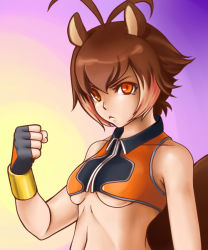 1girl :&lt; alternate_breast_size animal_ears antenna_hair bare_shoulders blazblue breasts brown_hair clenched_hand crop_top female_focus fingerless_gloves gloves kaeru_(csit24) makoto_nanaya multicolored_hair navel orange_eyes revealing_clothes short_hair small_breasts solo squirrel_ears squirrel_tail tail two-tone_hair underboob upper_body