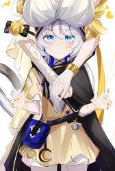 2girls absurdres aglaea_(honkai:_star_rail) ancient_greek_clothes belt_pouch black_cape blue_eyes blush breast_rest breasts cape cipher_(honkai:_star_rail) commentary dress greco-roman_clothes grey_hair highres honkai:_star_rail honkai_(series) hug large_breasts multiple_girls pouch pout short_hair_with_long_locks simple_background voi_271 white_background white_dress yellow_dress yellow_nails