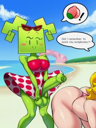 1futa 1girl absurdres ass beach bikini bikini_bottom_only blonde_hair breast_press breasts closed_eyes colored_skin english_text erection female_focus futa_with_female futanari green_skin highres huge_breasts huge_penis huge_testicles looking_at_viewer lying mario_(series) mimi_(paper_mario) nintendo open_mouth paper_mario penis princess_peach sleepiitreat smile solo solo_focus speech_bubble surprised swimsuit testicles veins veiny_penis