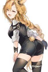 Rule 34 | 1girl, :d, ^ ^, animal ears, arknights, ass, black shorts, black thighhighs, black vest, blonde hair, braid, closed eyes, cowboy shot, facing viewer, fumi (rdbm), green ribbon, hair ribbon, highres, kokodayo, kroos (arknights), kroos the keen glint (arknights), long hair, open mouth, ribbon, shirt, shorts, simple background, sketch, smile, solo, standing, tail, thighhighs, turning head, vest, white background, white shirt, yellow tail, zettai ryouiki