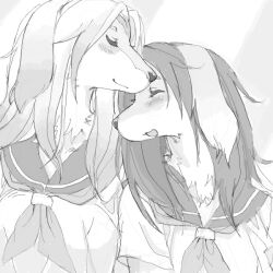 2girls body_fur closed_eyes dog_girl furry furry_female greyscale kikurage_(crayon_arts) long_hair monochrome multiple_girls nuzzle original school_uniform serafuku upper_body yuri
