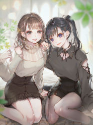 2girls ao+beni artist_name black_hair black_legwear black_shirt black_skirt blush brown_eyes brown_hair choker clothing_cutout commentary_request curtains earrings frilled_shirt_collar frills grin hair_ornament half_updo hand_on_another&#039;s_shoulder hand_up heart heart_earrings highres jewelry lace lace-trimmed_skirt lace-up_sleeves lace_trim long_hair long_sleeves looking_at_viewer multiple_girls original pantyhose photoshop_(medium) ponytail purple_eyes shirt shoulder_cutout single_sidelock sitting skirt smile socks_over_pantyhose white_shirt x_hair_ornament